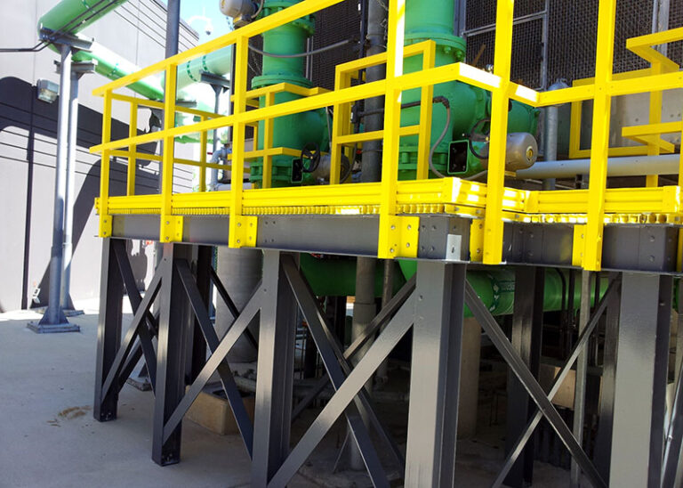 A fiberglass catwalk and platform installed at a plant